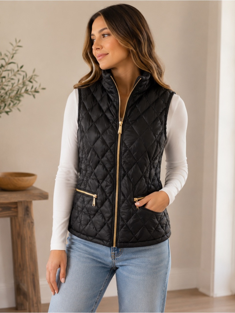 Michael Kors Black Packable Down Puffer Vest Gold Hardware Size Small